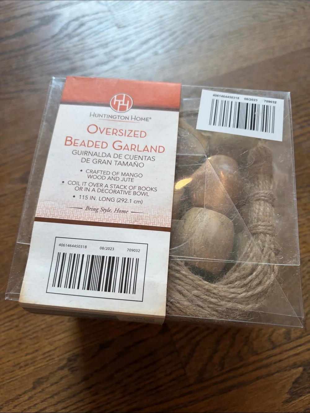 Huntington Home Jute and Mango Wood Beaded Garland - Natural Tan NIB